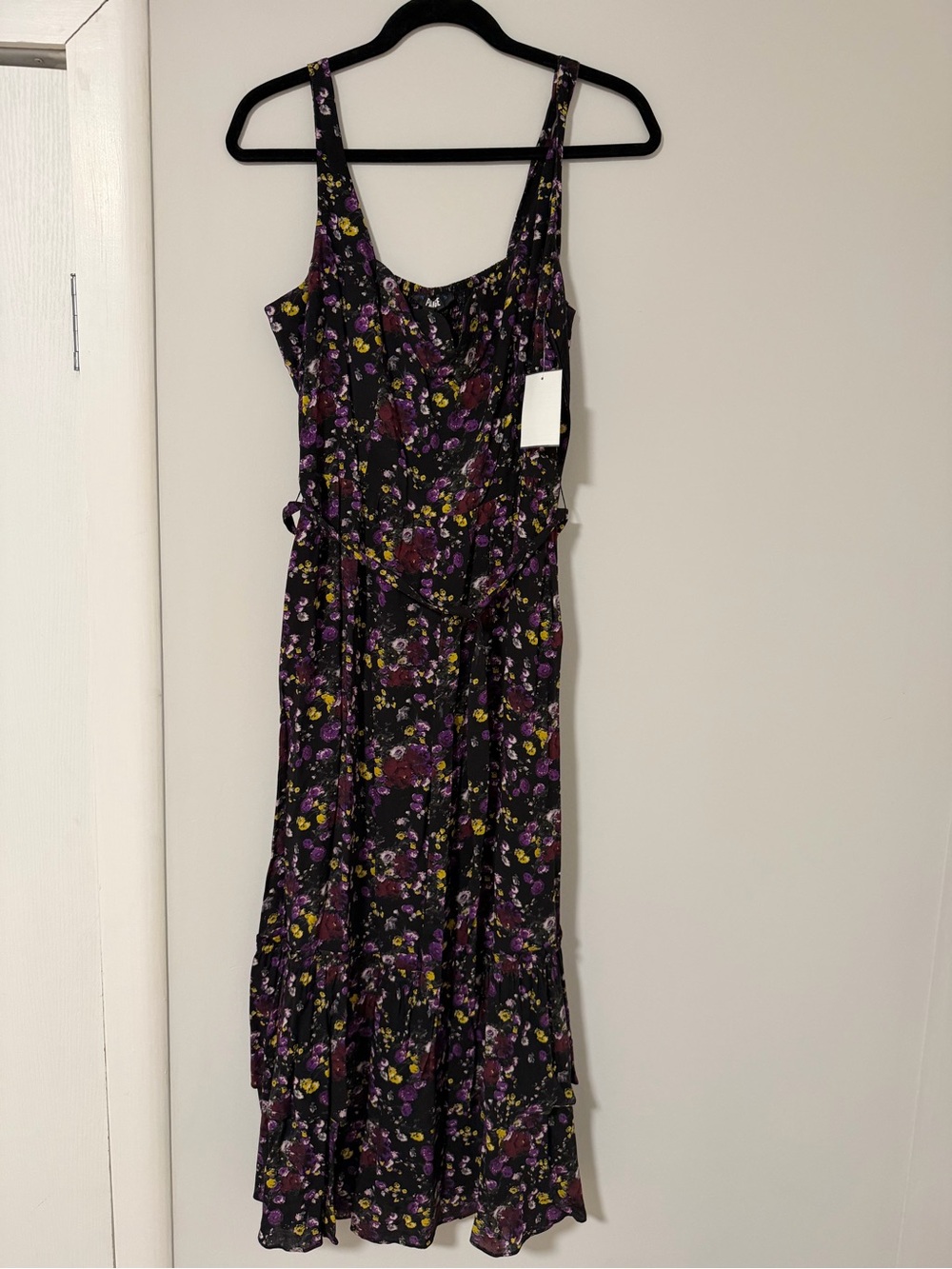 PAIGE Black Midi Dress with Purple & Yellow Floral Print